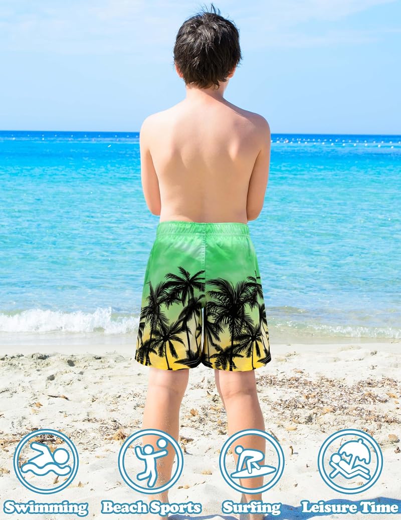 Boys Swim Trunks with Compression Liner - Quick-Dry Kids Board Shorts 8 Years Green Yellow Gradient Coconut Palm