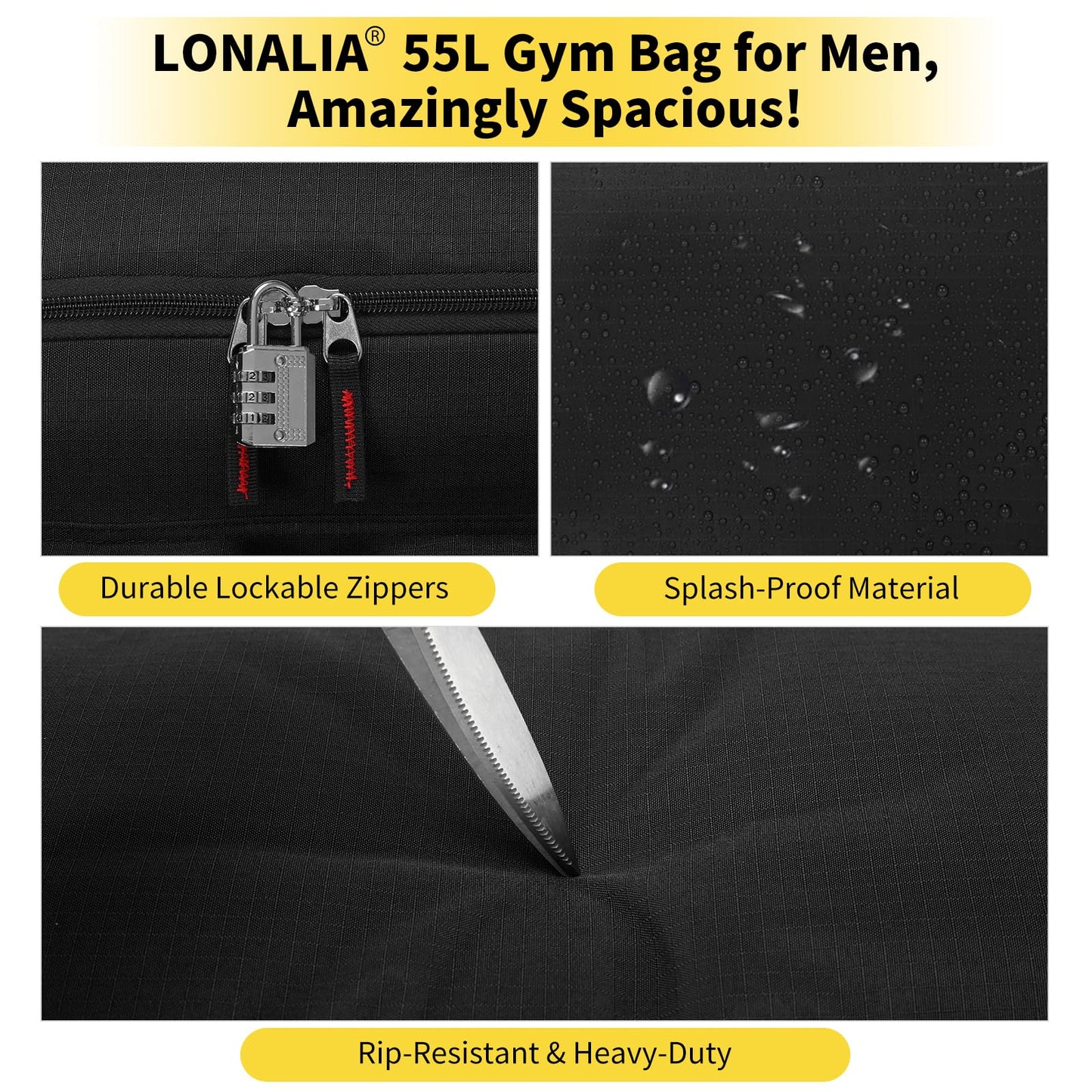 LONALIA 55L Sports Gym Duffle Bag for Men, Black