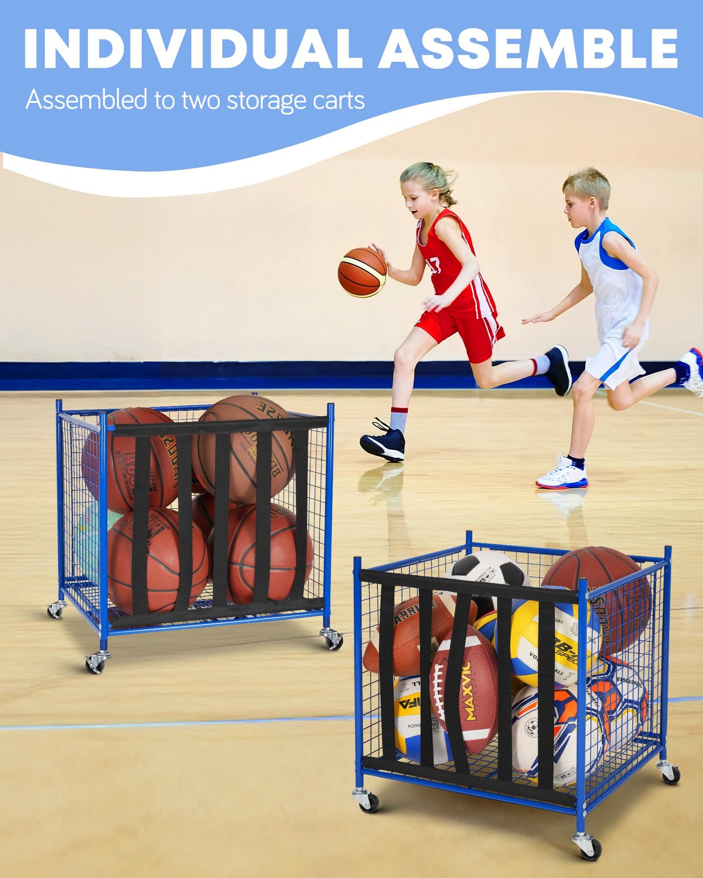 Mythinglogic Rolling Sports Ball Storage Cart, Sports Lockable Ball Storage Locker with Casters, Stackable Ball Cage for Garage Storage Garage Organizer (2 Pack Blue)