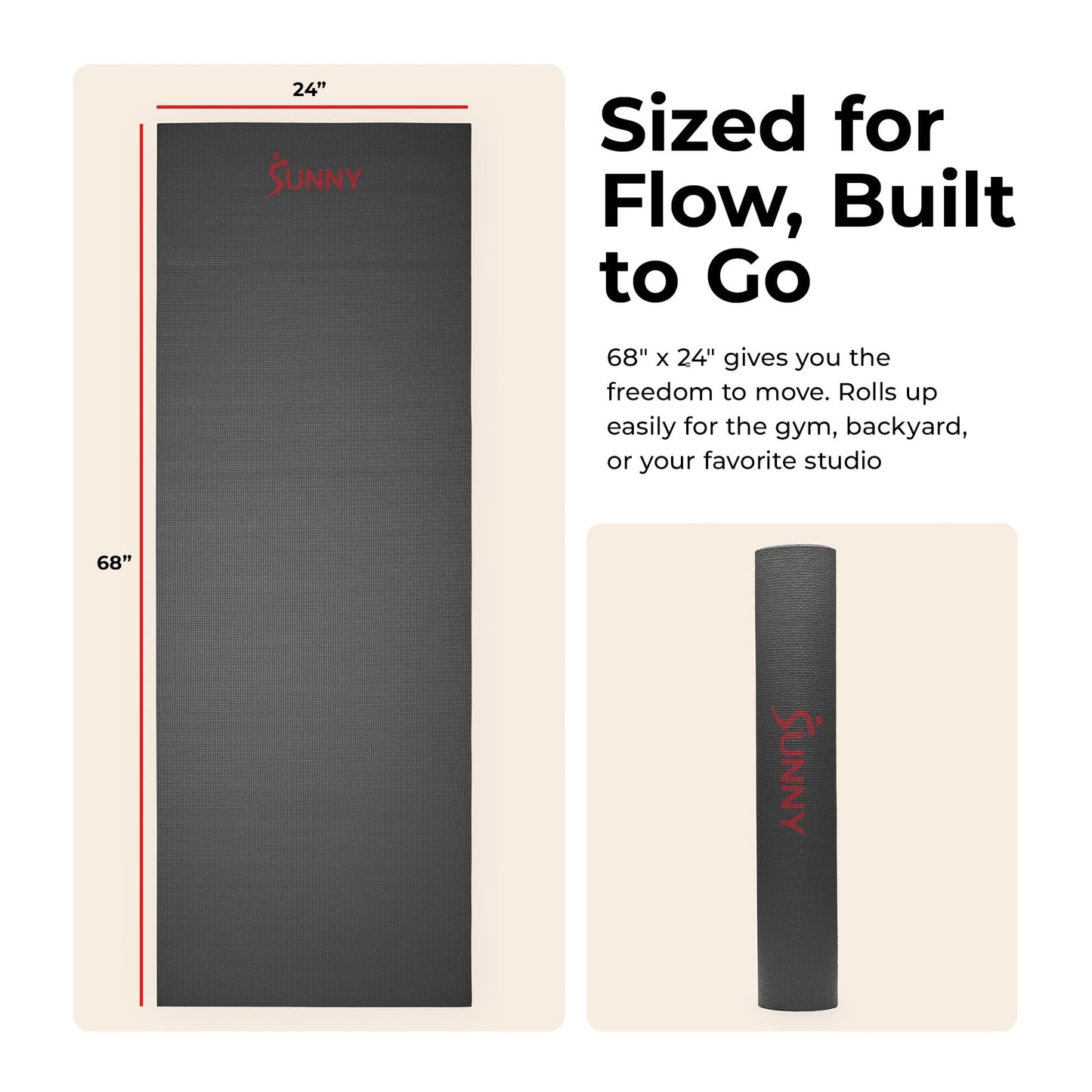 Sunny Health & Fitness Exercise Yoga Mat – Firm Studio Support for Stability & Grounded Balance – Durable, Tear-Resistant & Portable for Yoga, Pilates & Floor Workouts- Black– NO. 031-BK