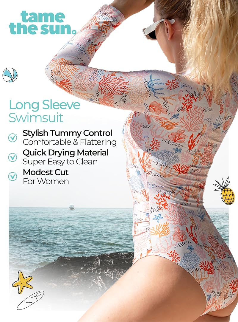 Long Sleeve One-Piece Swimsuit for Women with UPF 50+ Coral - Tame The Sun Rash Guard