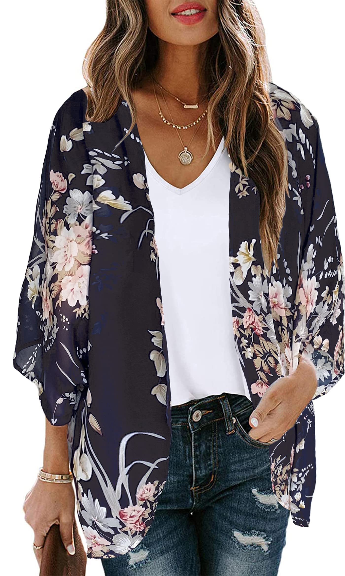 Kimono Cardigans for Women Floral Print 3/4 Sleeve Loose Cover Up Casual Blouse Tops (Navy Blue,3XL)