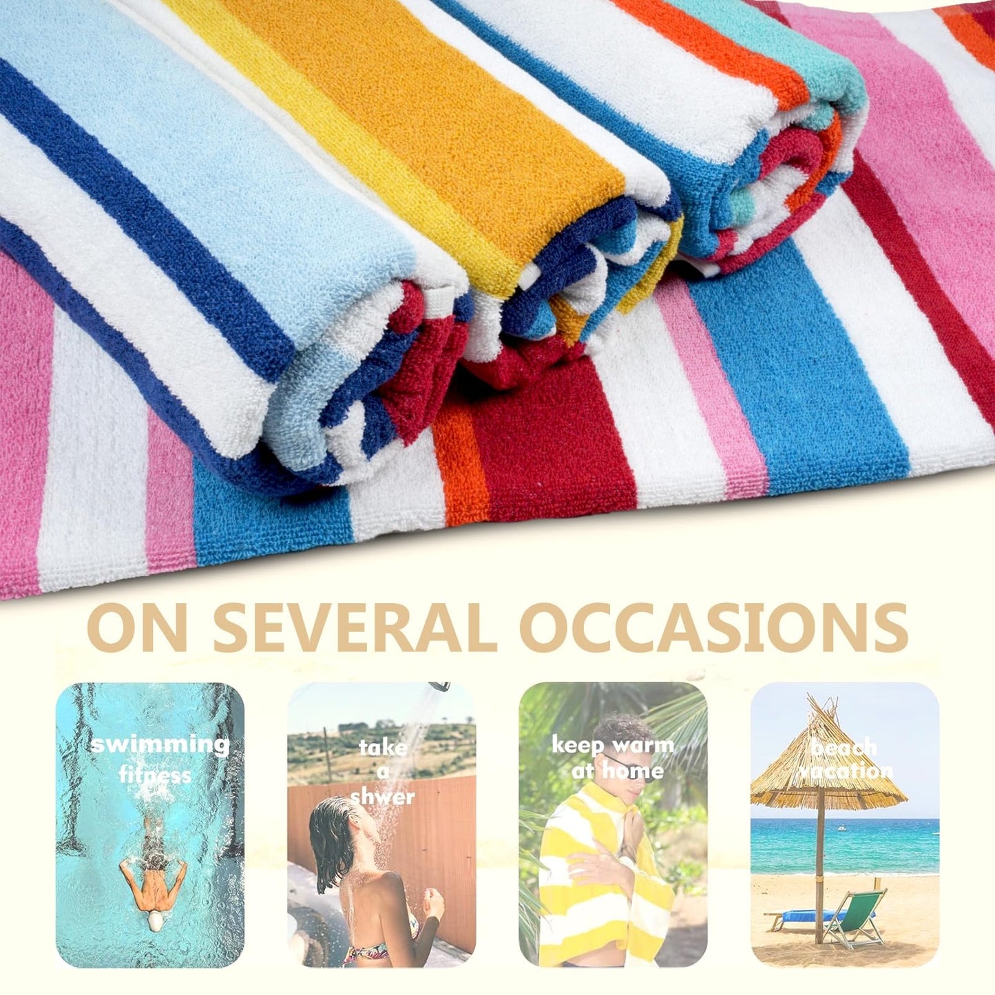 Casa Copenhagen Bora Bora Towels 4Pcs Yellow, Teal, Pink, Red Designer Stripe Beach Towels Gift Set, 30"x 60" Oversized 100% Cotton Pool Towels, Bath Towels for Beach (Summer Gift Set For Women & Men)