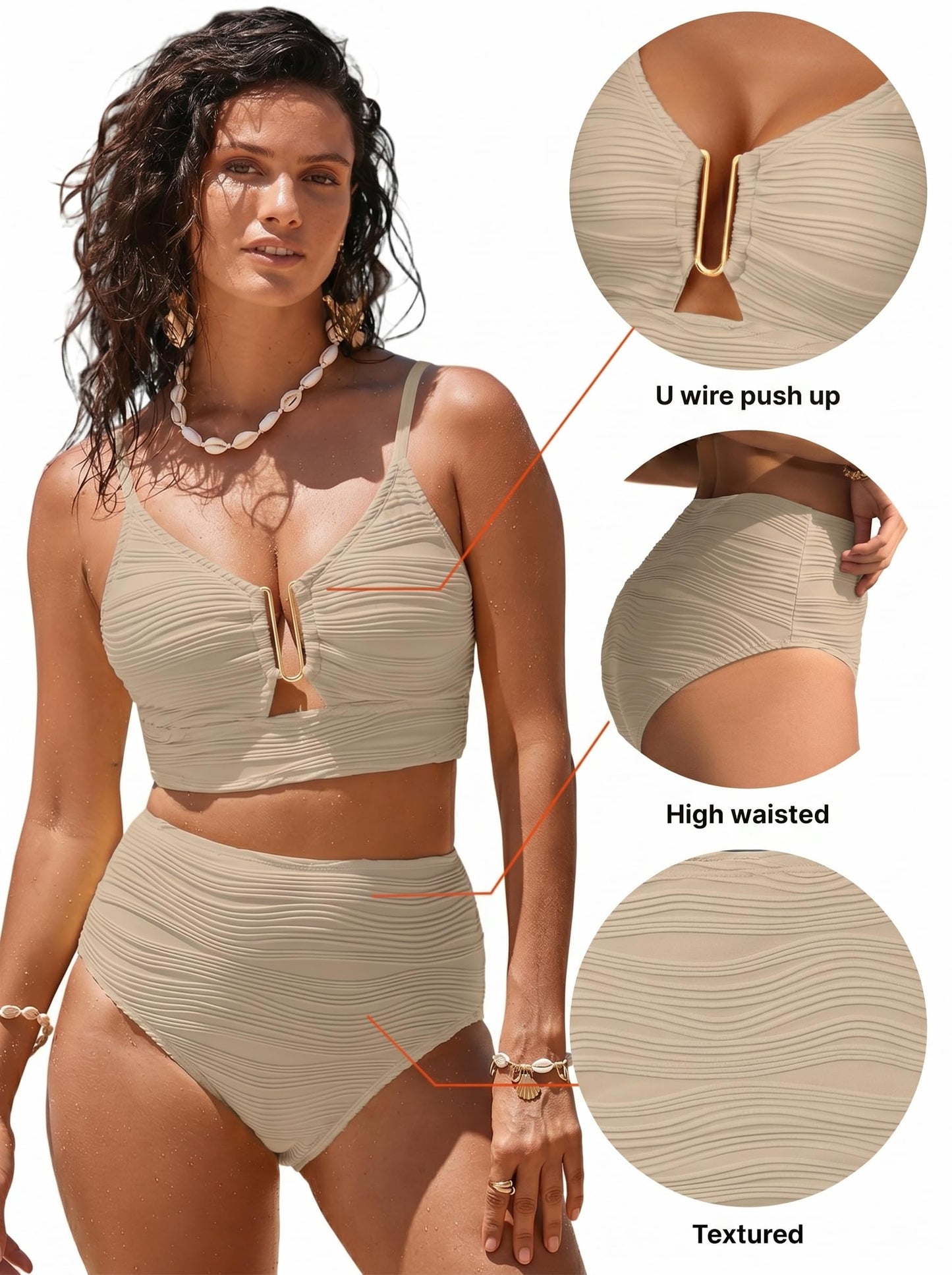 Herseas Women Swimsuits 2 Piece U-Wired Push up Ribbed Ruched High Rise Bikini Sets Longline Modest Solid Flattering Swim Suit Sexy Classic Pool Party Essentials Apricot Large