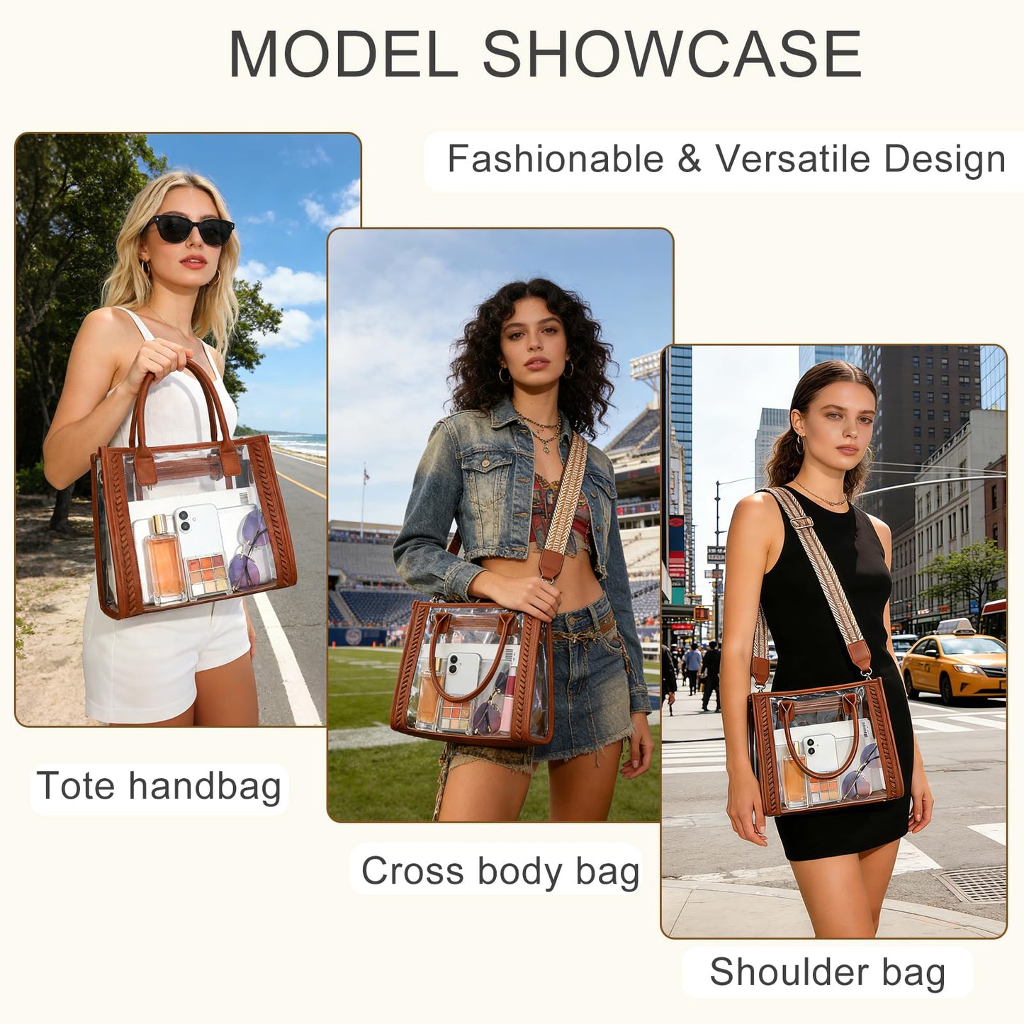 FAIME Clear Tote Bag Stadium Approved, Clear Crossbody Purse Transparent Woven Handbag for Concert, Beach & Stadium event (Brown)