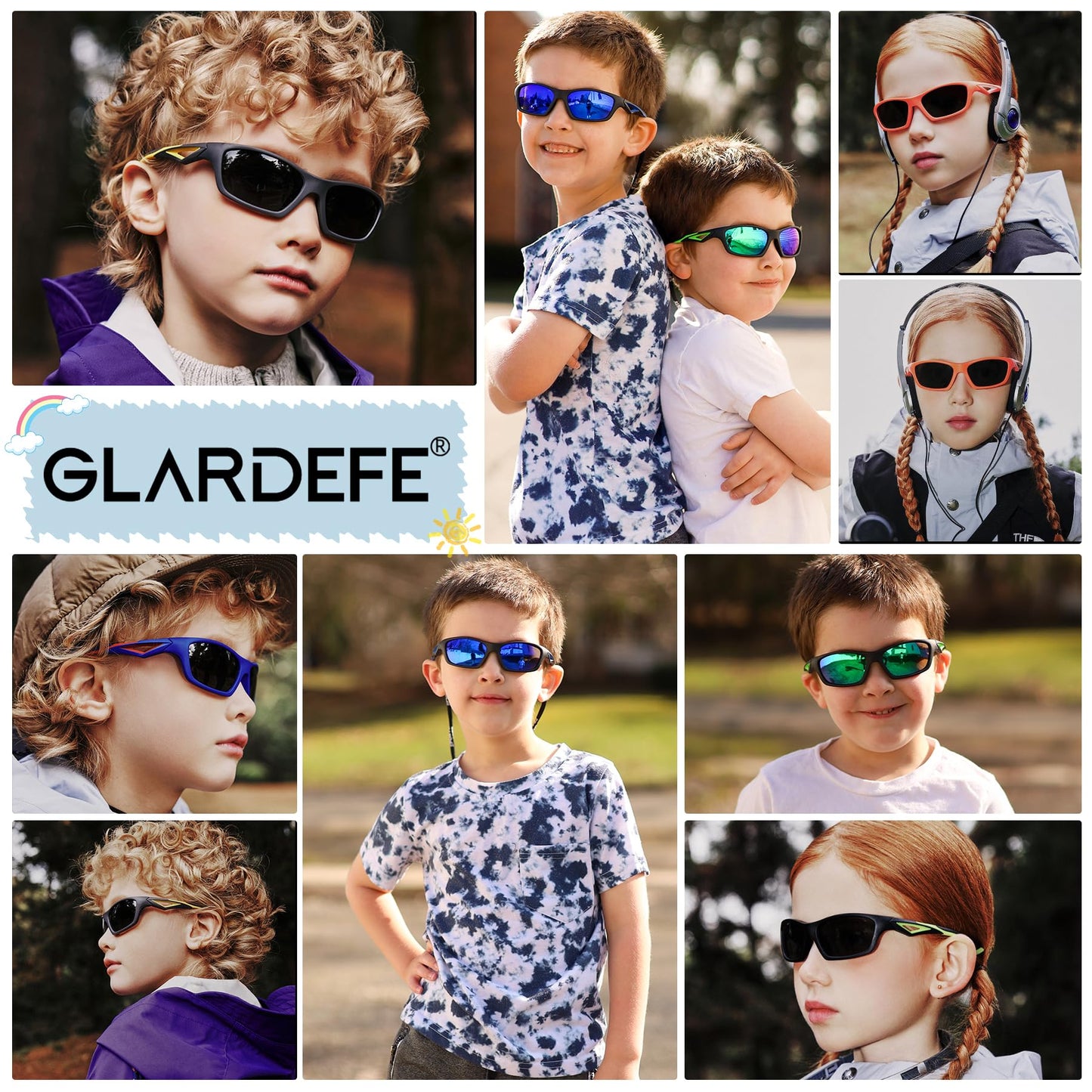GLARDEFE Kids Youth Baseball Sunglasses – Unbreakable Flexible Polarized Sports Sunglasses with Strap for Boys Girls Age 2-10(Matte Black/Green Mirror + Matte Black/Blue Mirror)