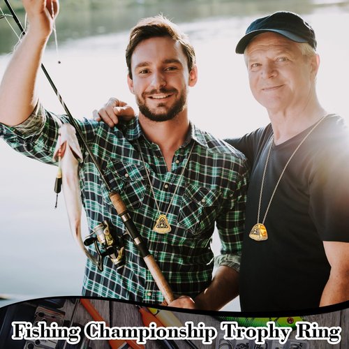 Liliaafar 6 Sets Fishing Championship Trophy Ring Gold Ring Awards Prize with Display Neck Chain and Stand Large Mouth Bass Trophies Gift for Fishing Tournaments Competitions Ceremonies, Size 11