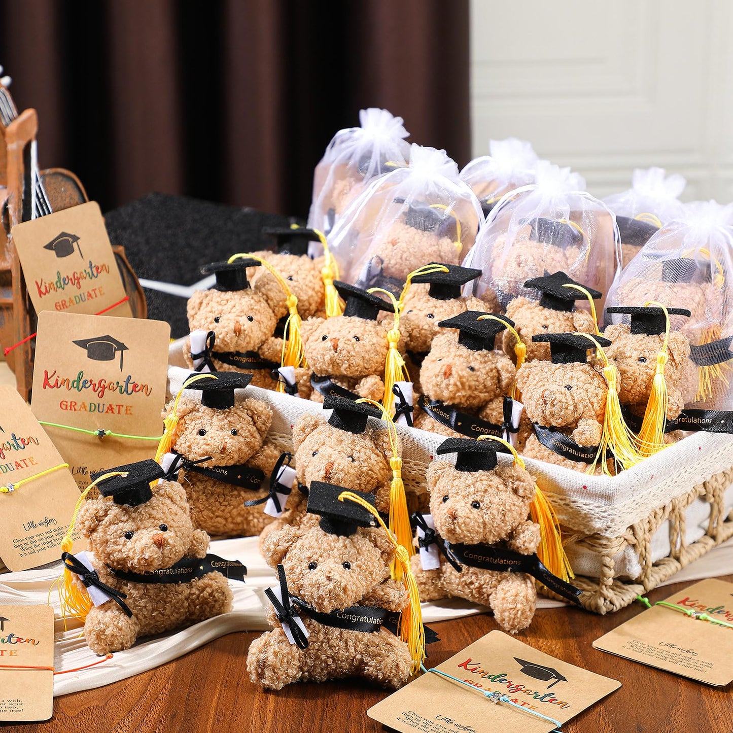Motionchic 50 Pcs 2026 Kindergarten Graduation Bear Bulk Set with 25 Graduation Gift Mini Stuffed Bears 25 Wish Bracelet Organza Bag Card for Kid Child Kindergarten Class of 2026 Party Favors(Black)