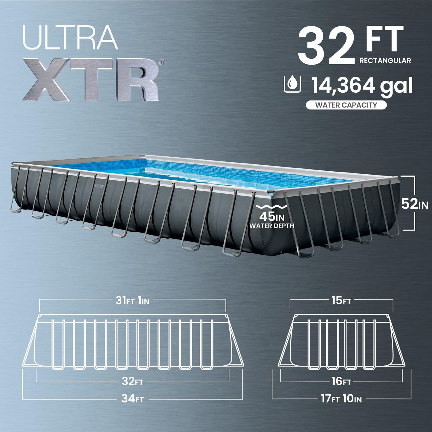 INTEX Ultra XTR 32 ft x 16 ft 52 in Above Ground Pool Set, Rectangular Swimming Pool with Steel Frame, 2800 GPH Sand Filter Pump, Ladder, Cover, & Ground Cloth