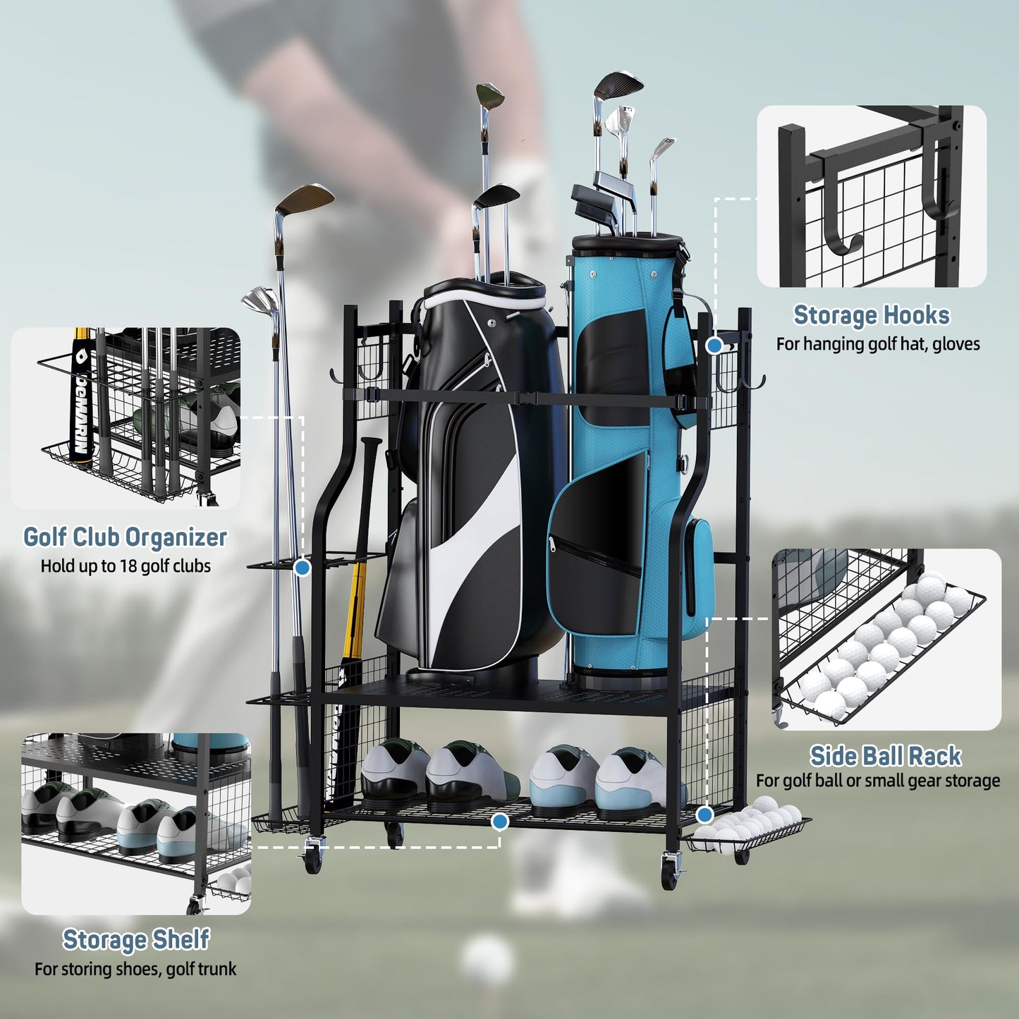 PLKOW Golf Storage Golf Bag Organizer Fits for 2 Golf Bags Golf Clubs Golf Equipment, Golf Bag Holder Golf Organizer for Garage Shed Basement