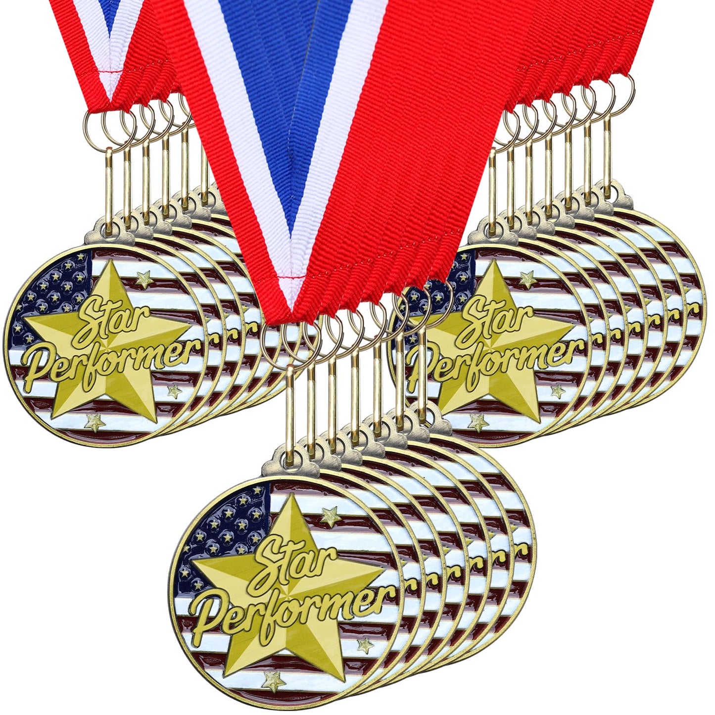 Cunno 20 Pcs Patriotic Star Performer Award Medals Bulk 2'' Gold Academic Medallion with Neck Ribbons Metal Trophy Award Prize Gift for Tournaments Competitions Party