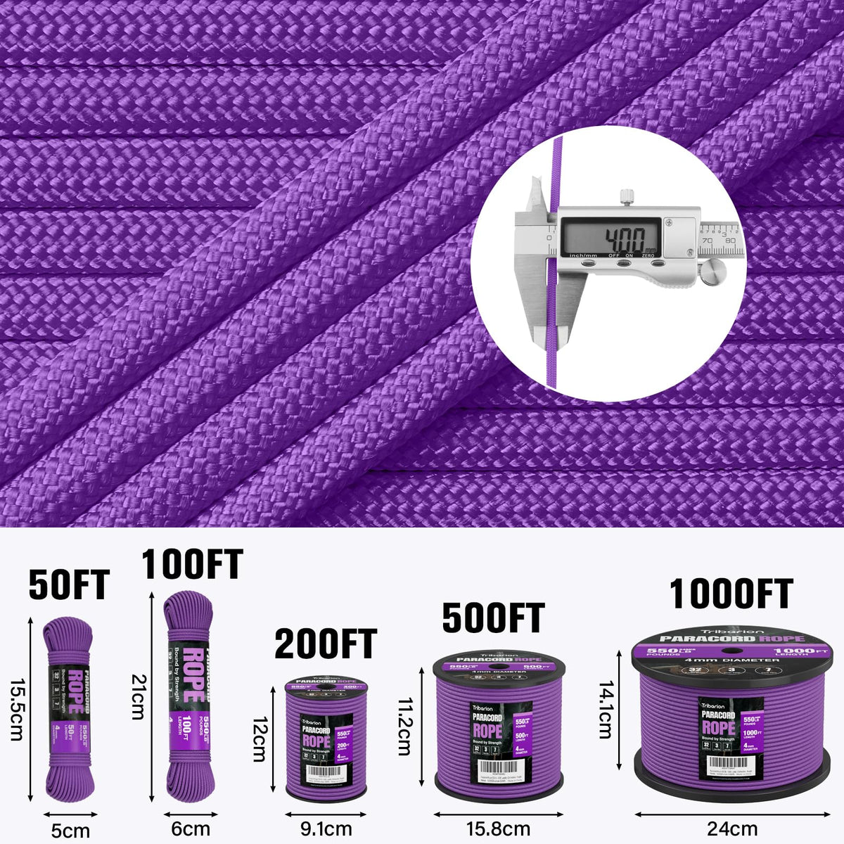 Paracord Rope 550 lb - 500ft 5/32" Parachute Cord 4MM 7-Strand para Cord - Heavy Duty Spool String for Survival,Camping Gear, Survival Bracelet, Clothesline - Purple