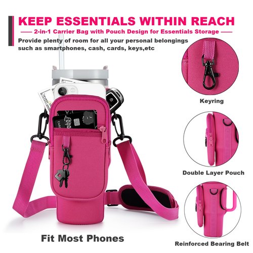 BULKITEM Water Bottle Carrier Bag with Phone Pocket for Pink Stanley 40 oz Tumbler with Handle, Hot Pink Insulated Neoprene Cup Holder Pouch Strap for Valentines Stanley Cup Accessories