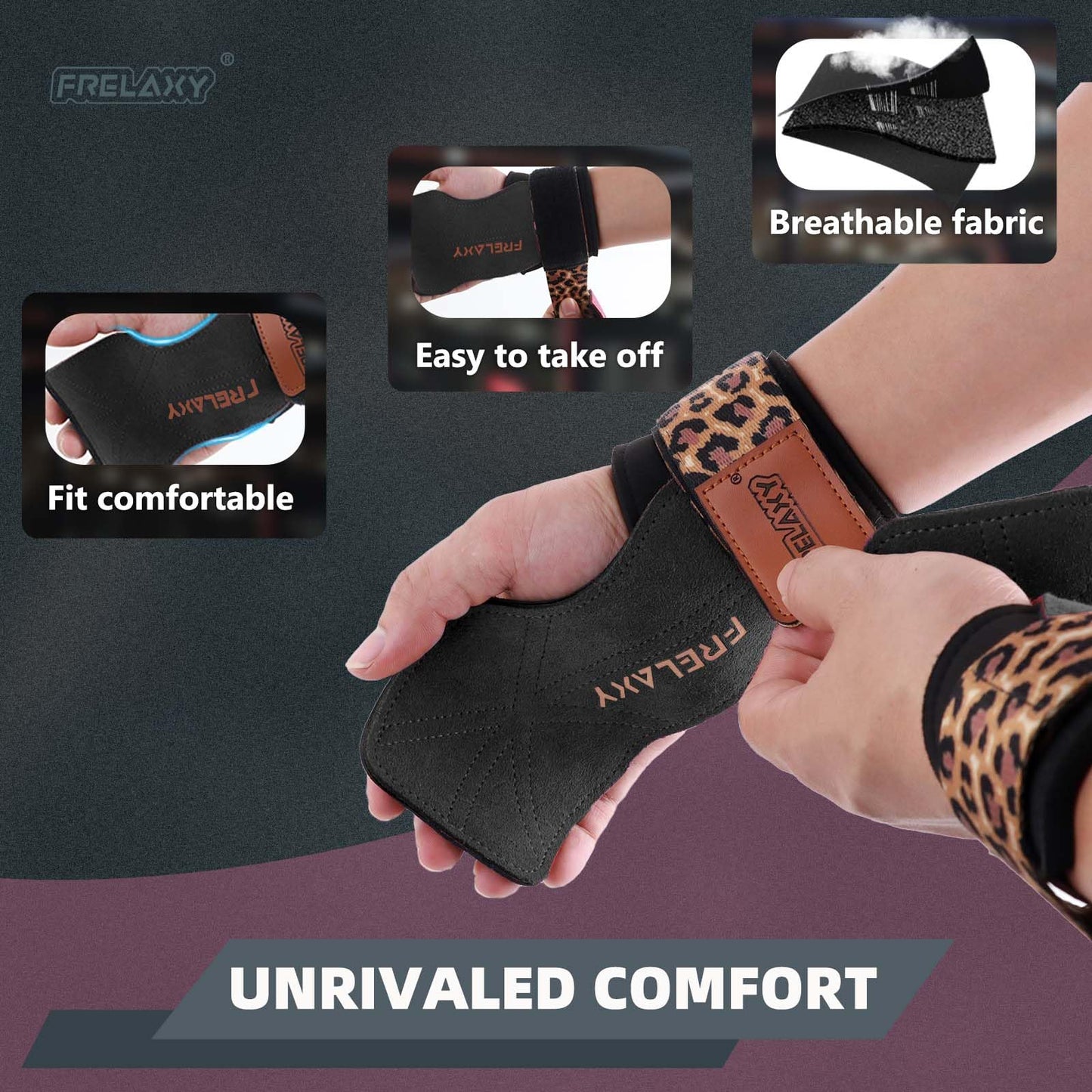 Frelaxy Lifting Wrist Straps Women and Men, Weight Lifting Grips with Cushion Wrist Loop, Double Layer Leather and Storage Pouch, Gym Workout Straps for Deadlift and Powerlifting (Black/Leopard)