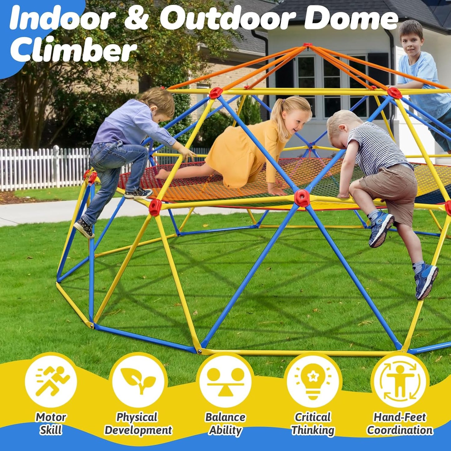 10FT Climbing Dome with Climbing Cargo Net, Outdoor Jungle Gym for Kids- Supports 1000LBS-Anti-Rust Metal Outdoor Play Structure ASTM Approved, Easy Assembly