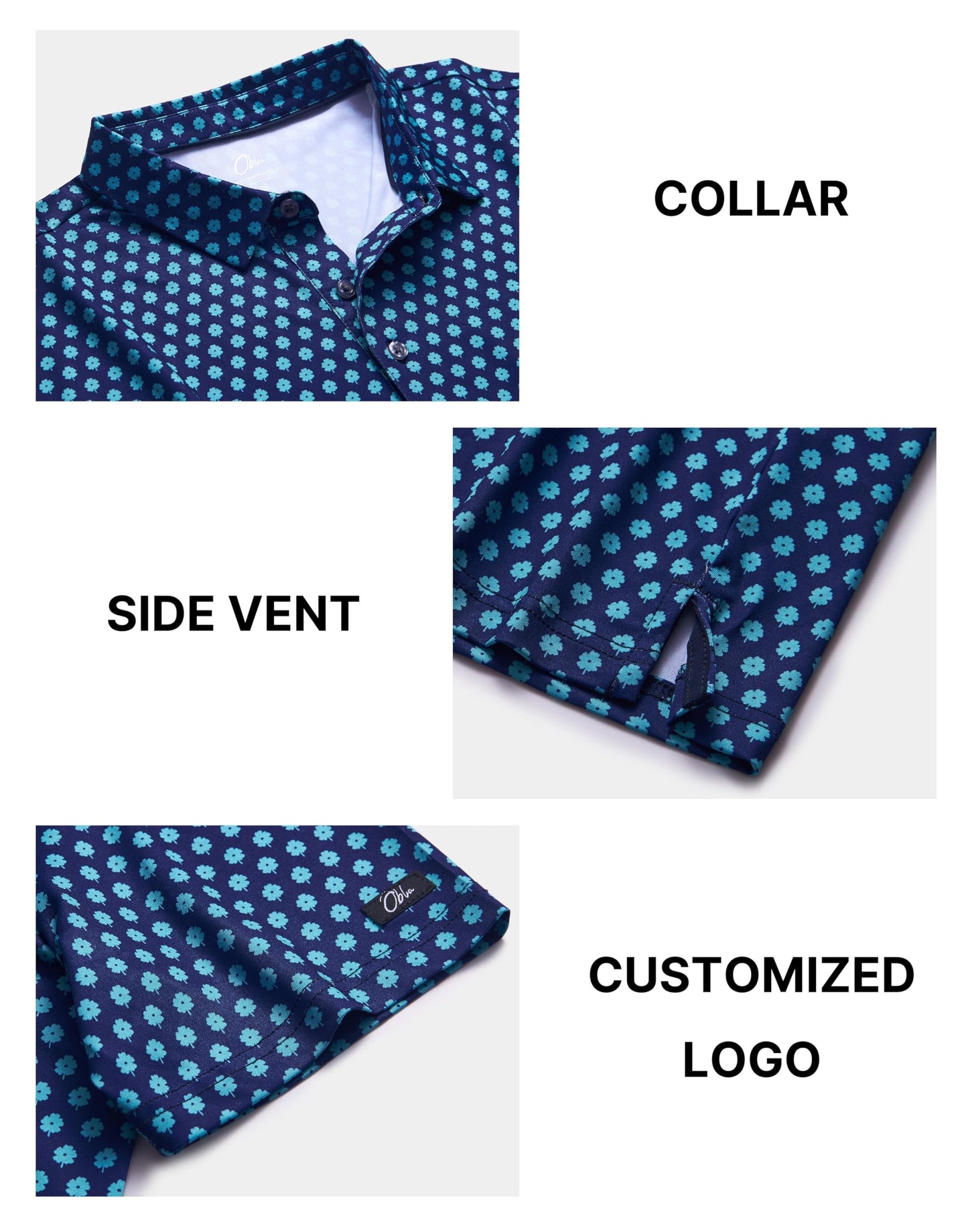 Obla Mens Golf Polo Shirts Short Sleeve Dry Fit Performance Moisture Wicking Casual Print Collared Golf Shirts for Men (Navy Blue Flower_M)