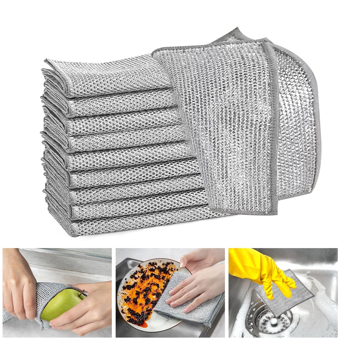 XANGNIER 10 Pcs Non Scratch Wire Dishcloth,2025 New Upgrade Steel Wool Cleaning Cloths for Wet and Dry,Multipurpose Wire Dishwashing Rag,Metal Mesh Miracle Cleaning Cloths for Kitchen,Dishes,Sink
