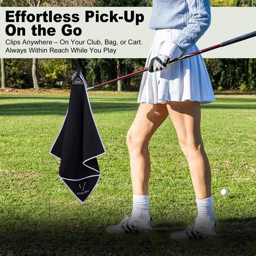 VIGLORY Magnetic Golf Towel - Exclusive Cleaning Pocket–18"x18"–Strong Magnet for Golf Cart or Clubs, Spot-Clean Design, Ultra Absorbent Waffle Microfiber–Golf Accessories & Gift for Men(Black)