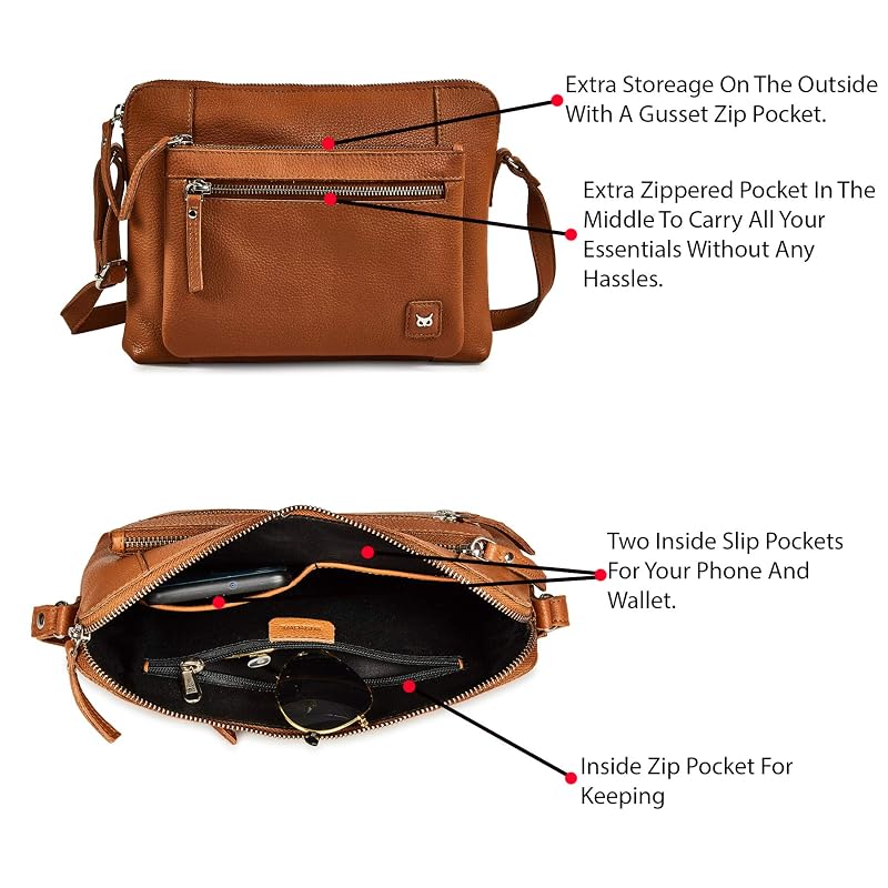 Cognac Leather Crossbody Bag for Women - Small Pebbled Genuine Leather, 5-Compartment Sling Purse with Adjustable Strap