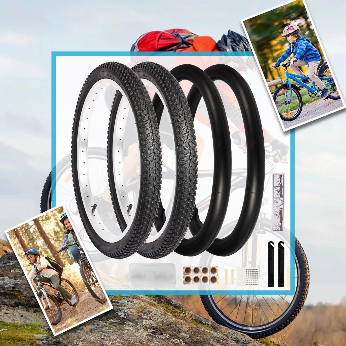 2 Pack 20" x 1.95" Mountain Bike Tire Set, 20 inch Folding Replacement Puncture-Resistant Bicycle Tires with 20 x 1.75-2.125 inch Bike Inner Tubes and Repair Tool Kit for Mountain Bike, Off-Road Bike
