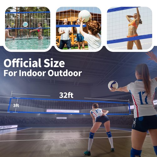 YUXUXU Professional Volleyball Net Outdoor Heavy Duty, All Weather Enhanced, Extended Stainless Steel Cable, Extra Thick Borders, for Indoor Outdoor Sports - Regulation 32x3FT, Blue (Net Only)