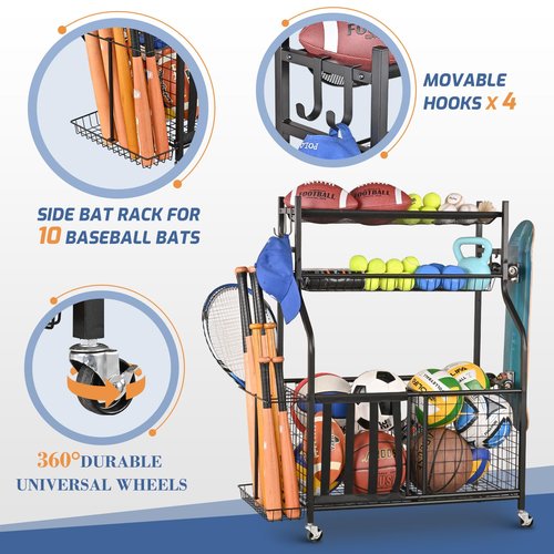 PLKOW Sports Equipment Organizer - Garage Storage Rack with Basket and Hooks, Garage Ball Storage for Toy and Sports Gear, Black