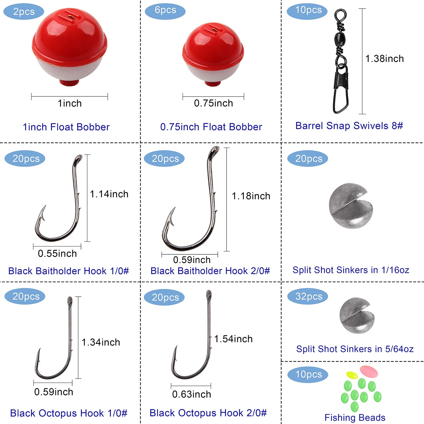 Fishing Tackle Kit, 160pcs Basic Bobbers and Hooks Assortment With Octopus Circle, Baitholder Hooks, Sinker Weights, Terminal Tackle Box for Trout Catfish Panfish
