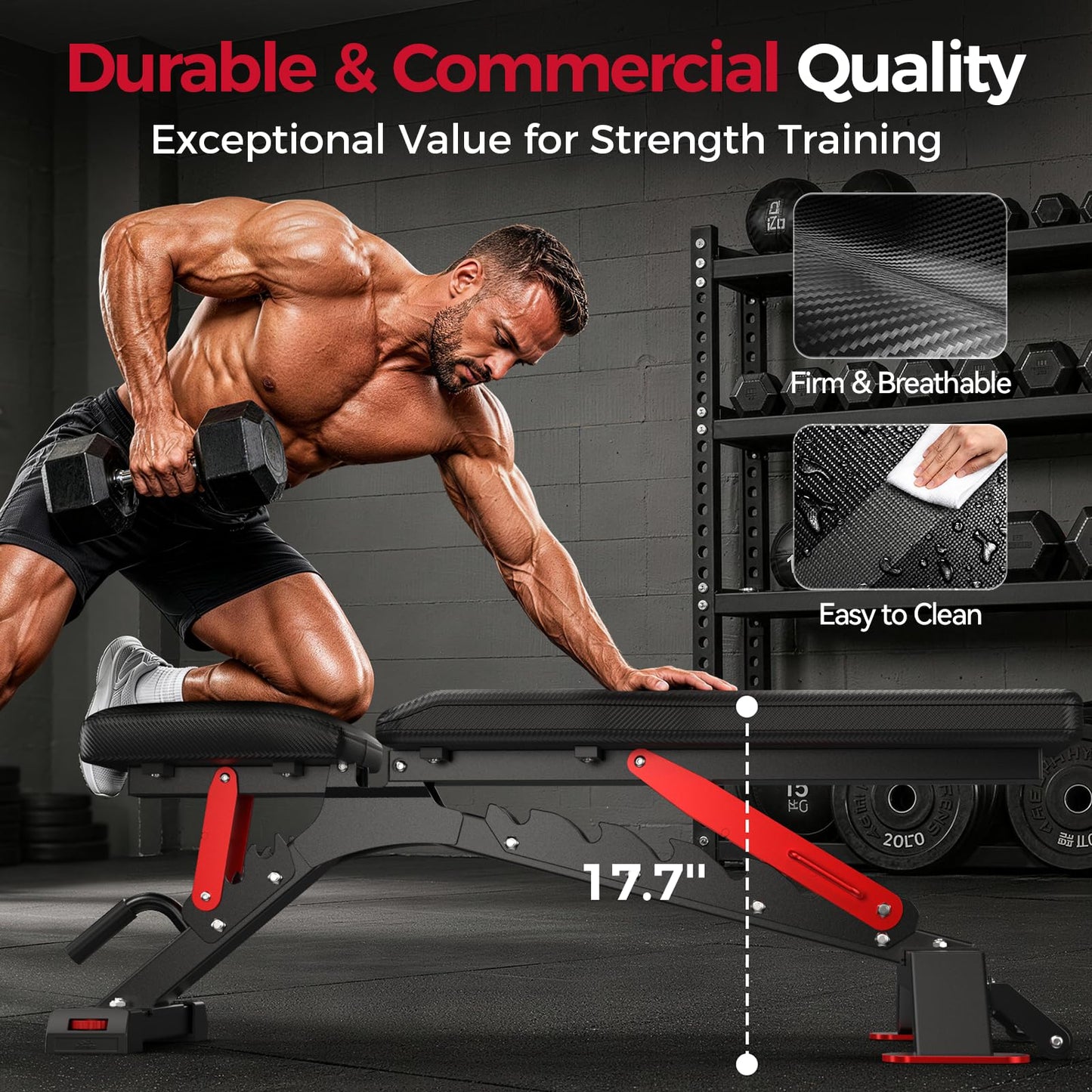 FLYBIRD WB7 Weight Bench, Commercial Grade Adjustable Weight Bench - 1300LBS Workout Bench for Home Gym, Flat Incline Bench Press Heavy Duty Bench with 34'' Extra-Long Backrest and Easy-Roll Wheels