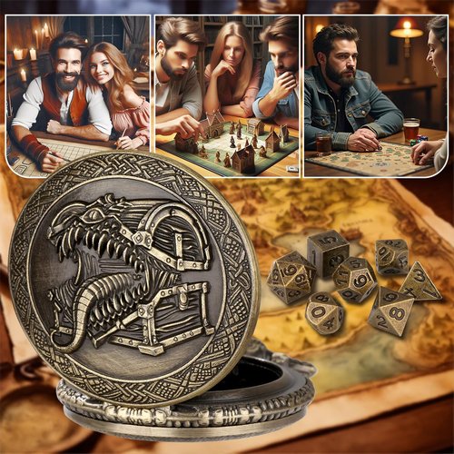 Mini DND Dice Set, with Steampunk Tongue Treasure Chest Pocket Watch Shell Case, 7-Piece Polyhedral Metal D&D Dice, DND Gift Bag with Dragon Logo, RPG, Role Play Board Game Accessories, Bronze