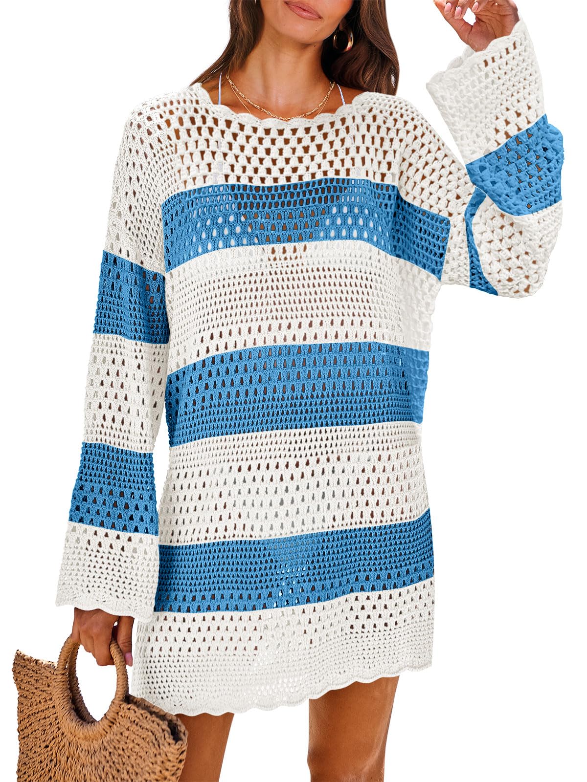 ANRABESS Women Swimsuit Crochet Swim Cover Up 2026 Summer Bathing Suit Swimwear Mesh Knit Beach Dress Vacation Outfits Blue-White Small