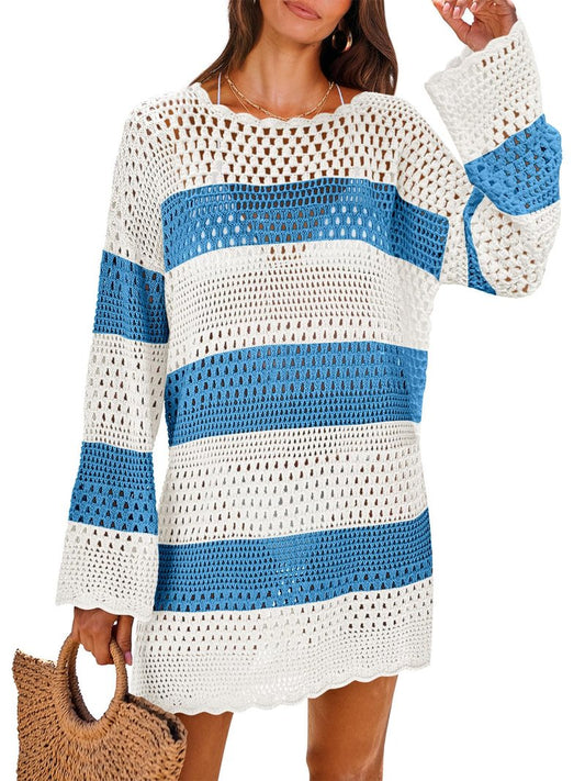 ANRABESS Women Swimsuit Crochet Swim Cover Up 2026 Summer Bathing Suit Swimwear Mesh Knit Beach Dress Vacation Outfits Blue-White Small