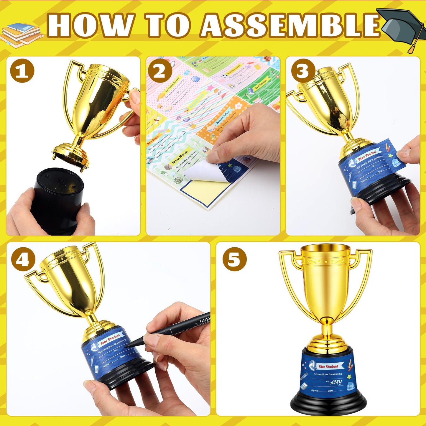 12 Pcs Bulk Mini Trophies 5.7 Inch Plastic Gold Trophy Cups with Award Certificates Stickers for Student Recognition Rewards End of Year Sports Tournament Winning Prizes Party Favor Competition Office