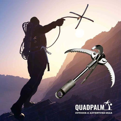 QUADPALM Grappling Hook and Black Rope 10M (32ft) - Multifunctional Heavy Duty Survival Hook - 2 Locking carabiners - 4 Stainless Steel Folding Claws - Survival Gear - Outdoors Camping Hiking
