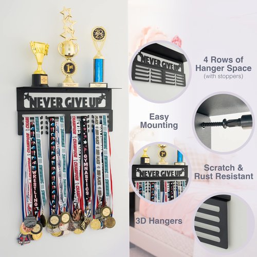 AGATHOS HOME Medal Hanger Display with Trophy Shelf - Metal Awards Rack for Walls Holds 64+ Sports Medals- Never Give Up 16" Medal Holder 4 Rows of Hanger Space and Deep 4" Shelf
