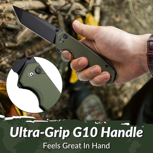 CIVIVI Brazen Folding Knife, Button Lock Pocket Knife with 3.46'' Swedish 14C28N Tanto Blade, Ultra-Grip G10 Handle, Low Profile Clip for EDC C19059C-2 (OD Green)