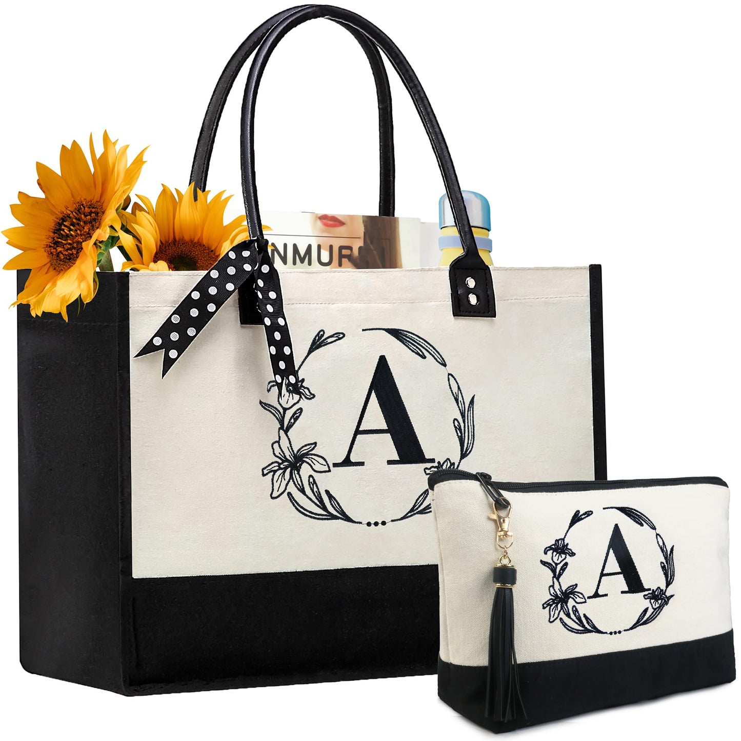 BeeGreen Mothers Day Birthday Gifts for Mom Grandma Initial-Canvas-Tote-Bag-for-Women-Large Initial Monogram Canvas Bag, Cute Tote Bags for Sisters Friends Coworkers Halloween Thank you Gifts A