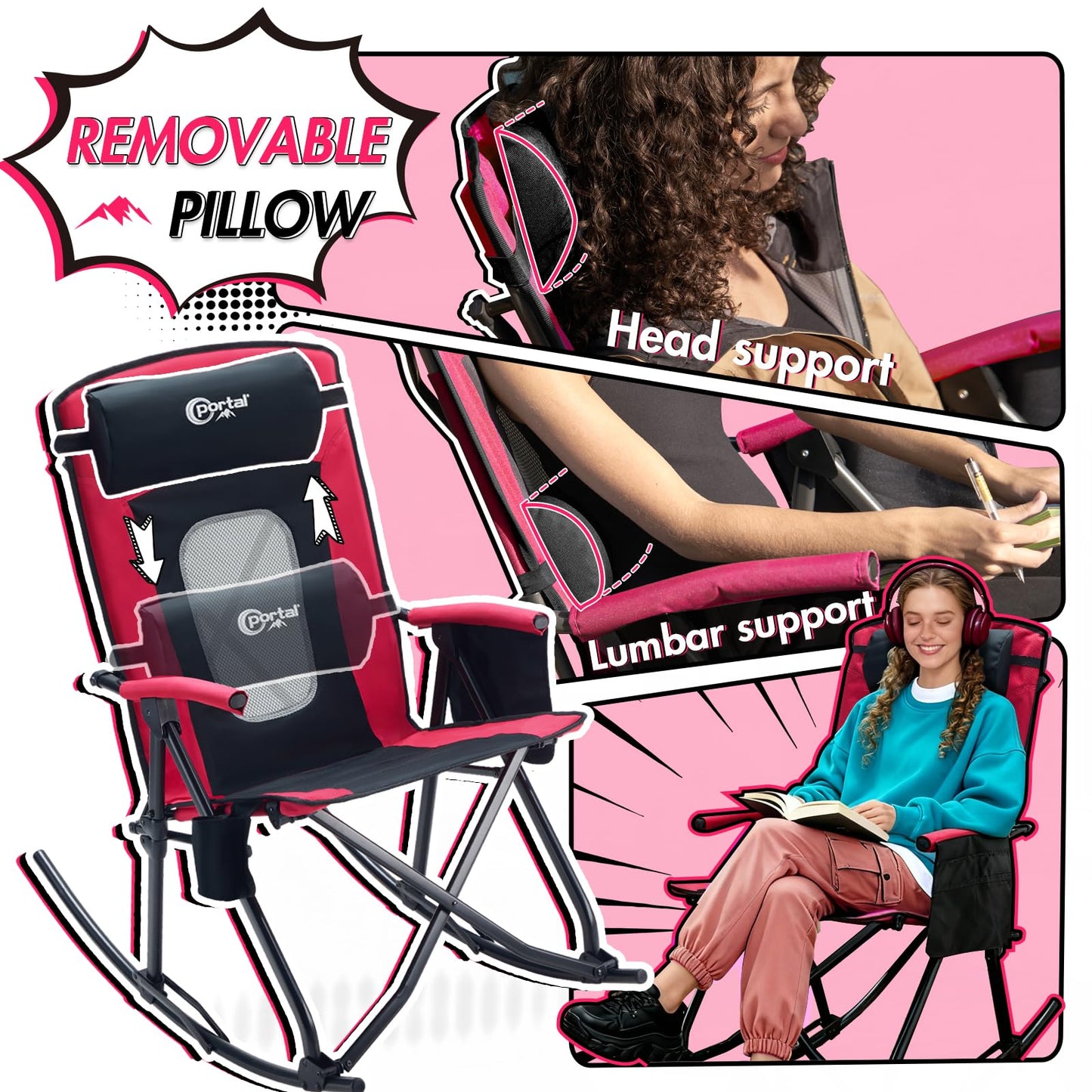 Portal Oversized Folding Rocking Camping Chair Portable Outdoor Rocker with High Back, Pillow for Lawn, Patio, Camping Outside, Hot Pink, 400 lbs