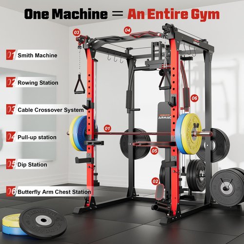 ARMAC Smith Machine, 2000LBS Dual Pulley Functional Power Cage, Squat Rack with Cable Crossover System, Home Gym Trainer, Pull-Up Bar, Spotter Arms, Home Gym Equipment