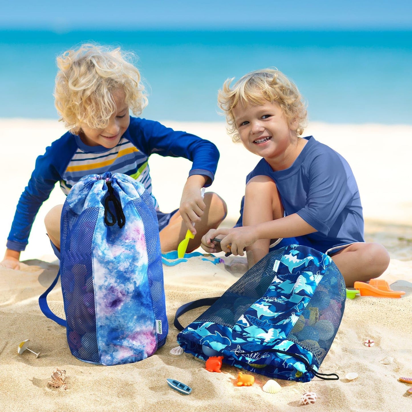Shark Large Mesh Beach Bag for Kids, Kids Drawstring Beach Backpack for Boys, Tote Mesh Beach Toys Bag, Swim Pool Toys Balls Storage Bags Gym Bag, Beach Toy Shells Organizer