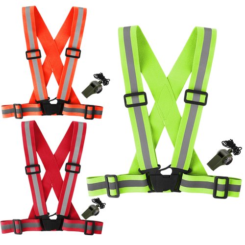 Reflective Vest, 3Pack High Visibility Reflective Safety Vest with Emergency Whistle 360° Adjustable Elastic Running Reflective Gear for Construction,Cycling (Fluorescent green+Orange+Red)
