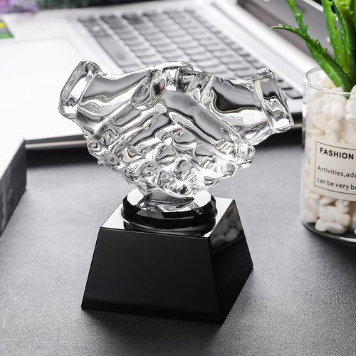 JUSTSY Crystal Handshake Trophy Award for Friendly Cooperation, Agreement, Partnership, Teamwork Milestone, Participation Blank Trophy for Adults