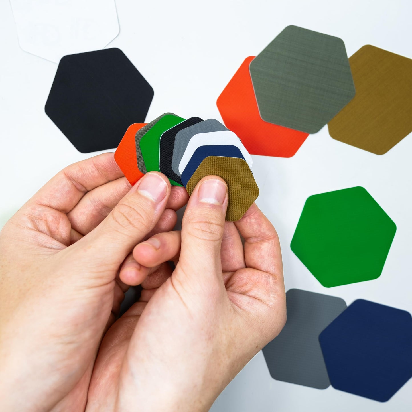 GEAR AID Tenacious Tape Hex – 2.5” & 1.5” Repair Patches (8 Patches: Four 2.5” & Four 1.5”, Coyote) – Peel-and-Stick Outdoor Nylon Fabric to Fix Holes and Burns in Down Jackets, Rain Gear and Tents
