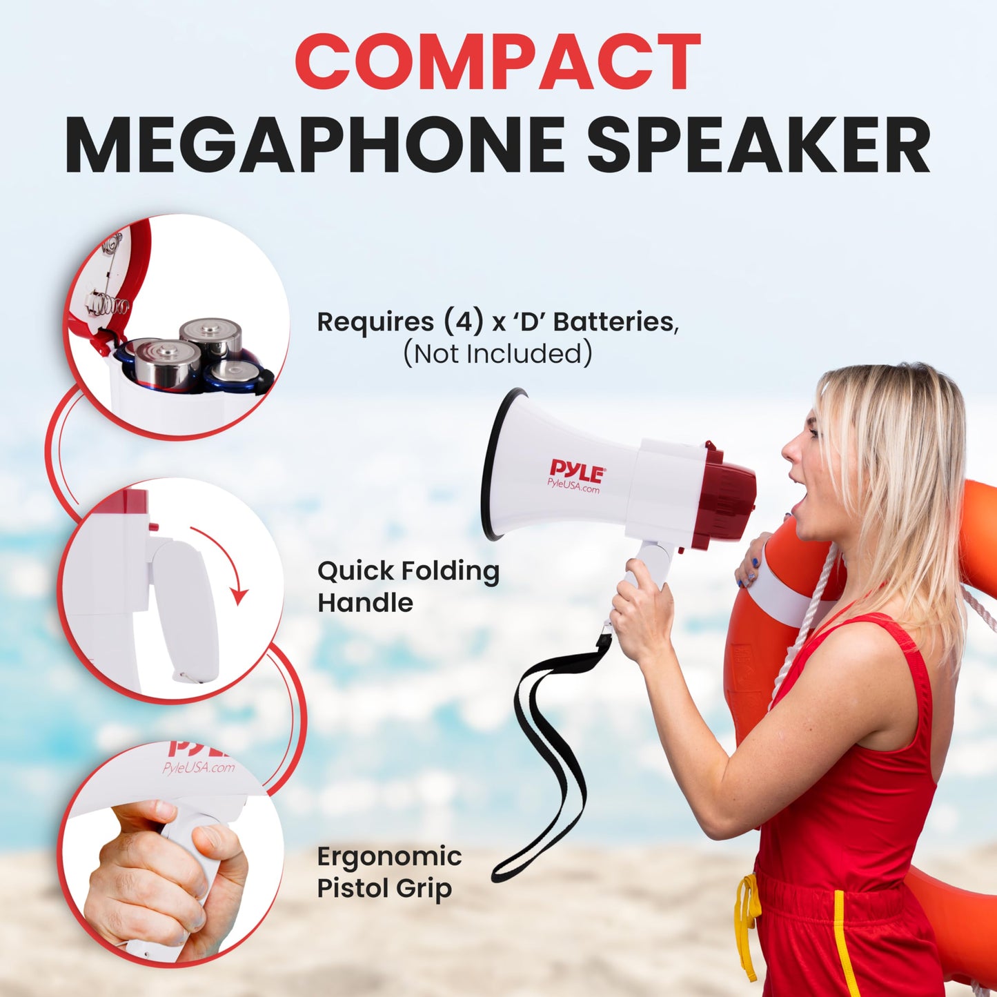 Pyle 30W Megaphone Bullhorn with 1200-Yard Range, Built-in Siren, Voice & Alarm Modes, Adjustable Volume Control, Ergonomic Pistol Grip, Foldable Handle - Ideal for Indoor/Outdoor Sports & Events