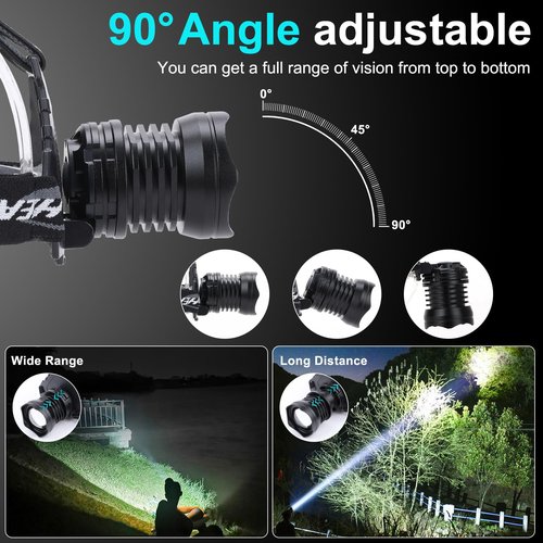 QOPOYU Rechargeable Headlamp, 3000 Lumens Head Lamps Led Rechargeable Headlights with 10 Modes, 90° Adjustable Bright Headlamps for Adults, IPX7 Waterproof Head Lights for Fishing Camping