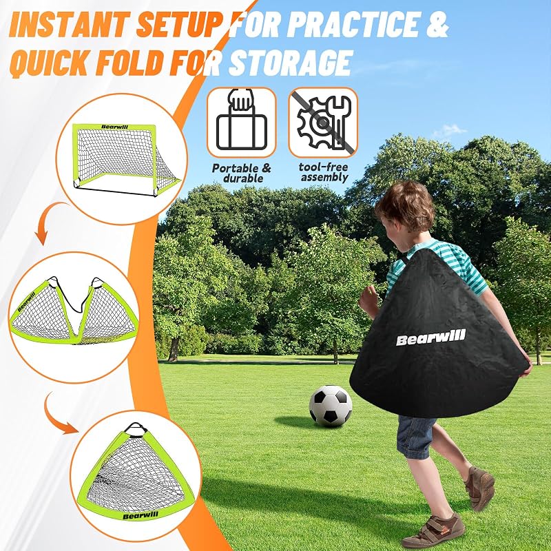Bearwill Fluorescent Green 4x3ft Kids Soccer Goal Set of 2 – Foldable Backyard Goals