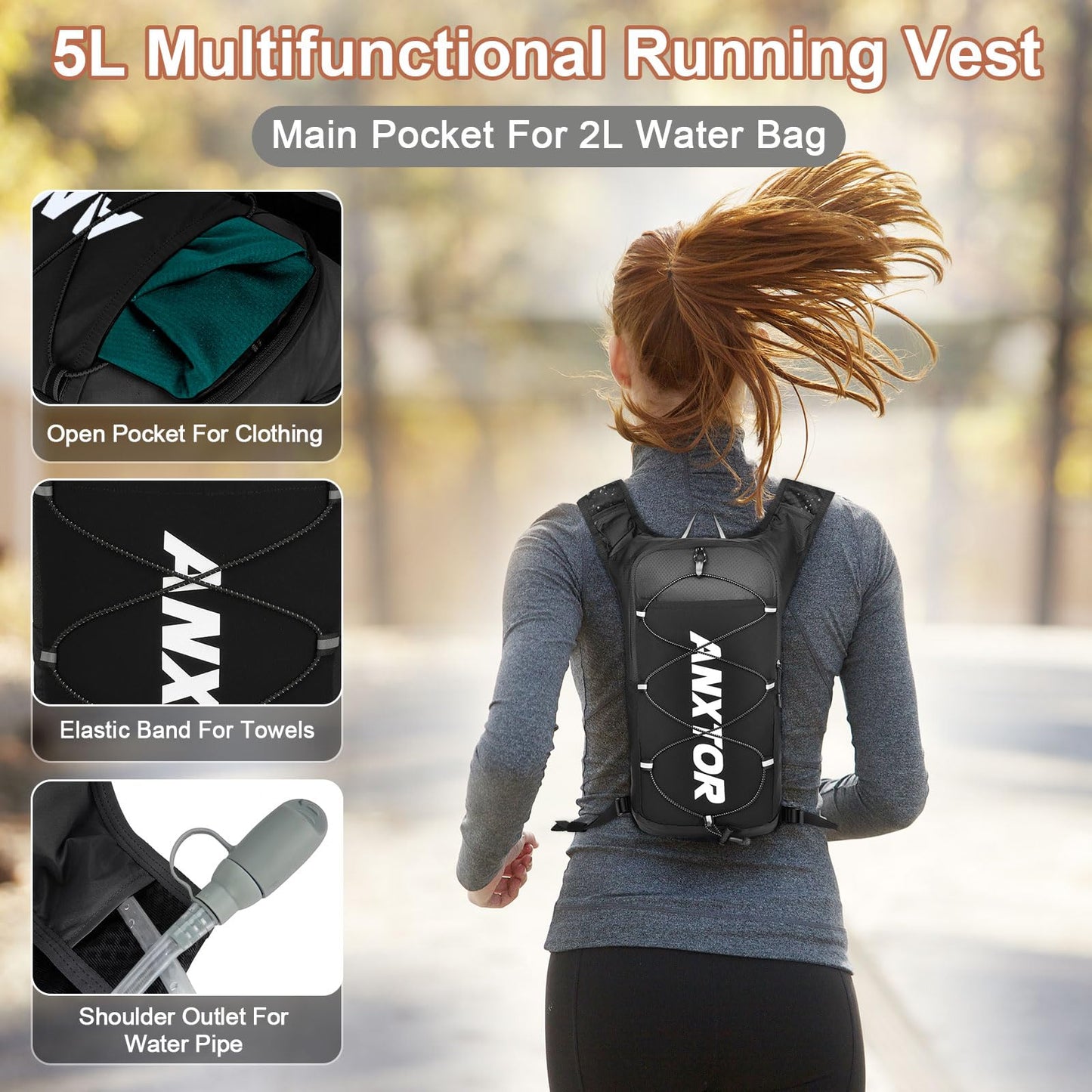 Hydration Backpack with 2L Water Bladder, Adjustable Chest Straps Running Hydration Vest Lightweight Daypack Reflective Pack for Women Men Hiking Trail Running Climbing Biking Cycling Marathon, Black