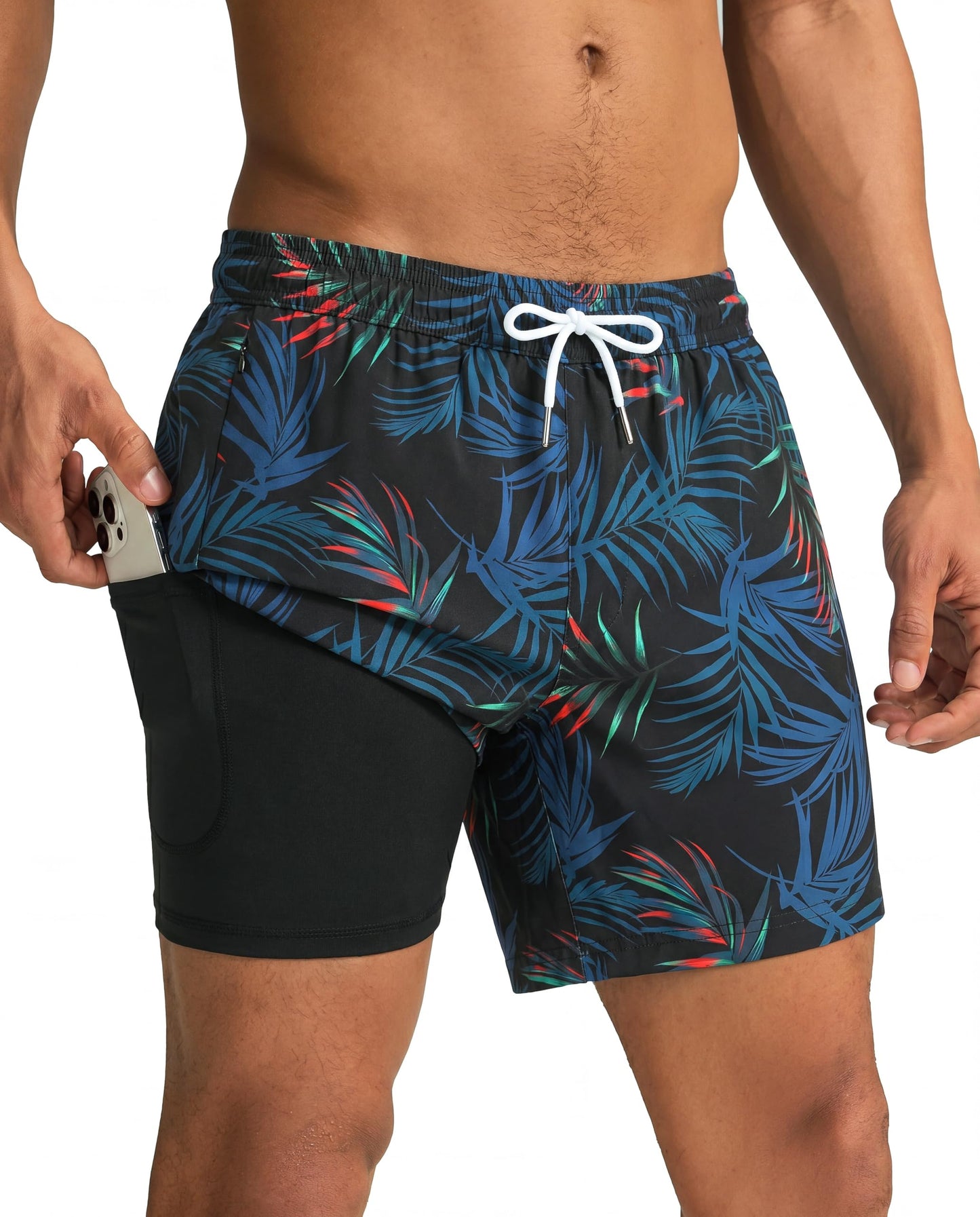 maamgic Mens Swim Trunks with Compression Liner 5 Inch, Quick Dry Bathing Suit with Zipper Pockets, Stretch No-Chafing Swim Shorts, Black-Orange Leaf Silhouette Small