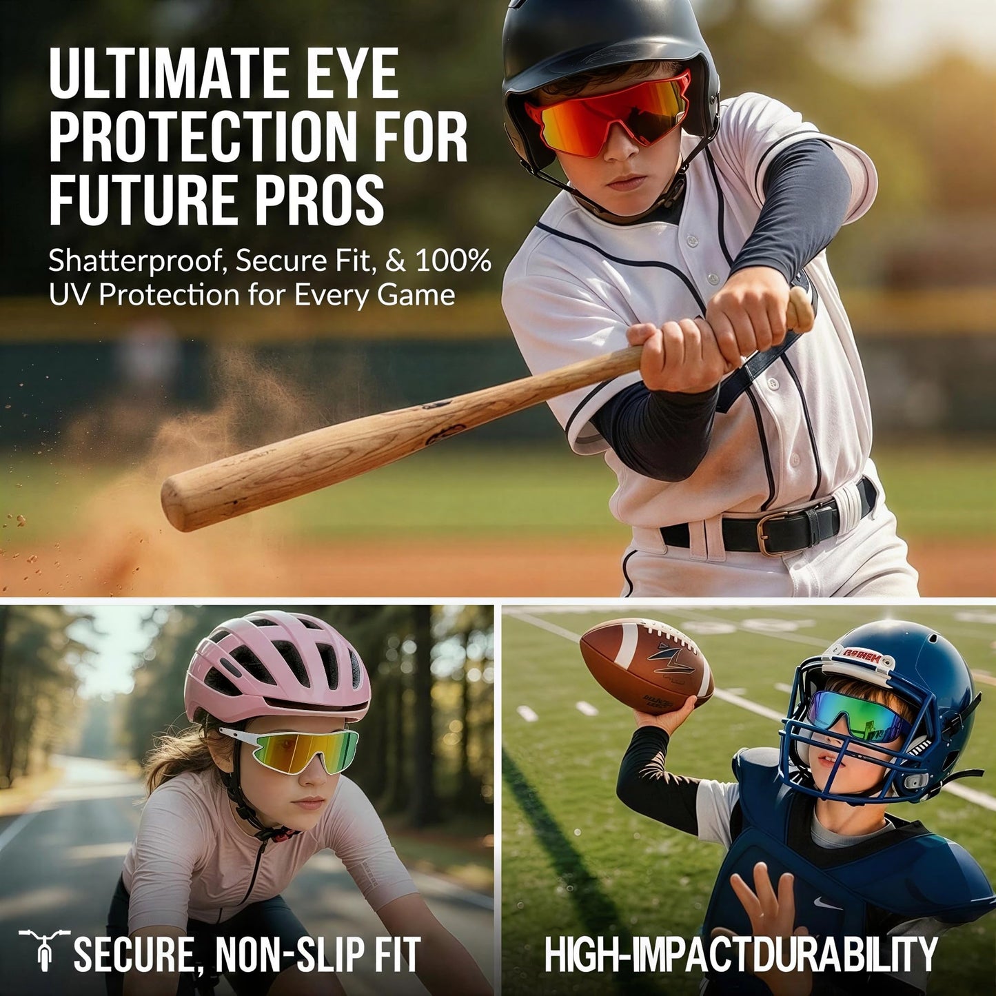 GLARDEFE Kids Baseball Sunglasses - Youth Baseball Sunglasses for Boys Girls - Sports Softball Shades Age 6-14(White/Blue Mirror + Black/Silver Mirror)