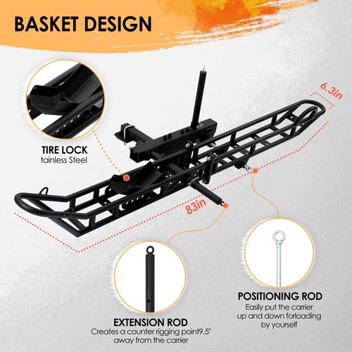 83" Motorcycle Hitch Carrier, 600 lbs Capacity, Adjustable Ramp for Up to 4.3" Tires, Anti-Tilt Lock, Shock Absorption, Pin Lock, Stabilizer & Straps