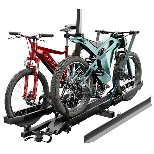 EBike Rack with Ramp for Tow Hitch with 300lbs Load Capacity, Car Bike Rack for Electric Mopeds, Fat Tire Mountain Bicycles, E Bike Carrier Raks for 2 Bikes, Fits SUV, Truck, RV, Van